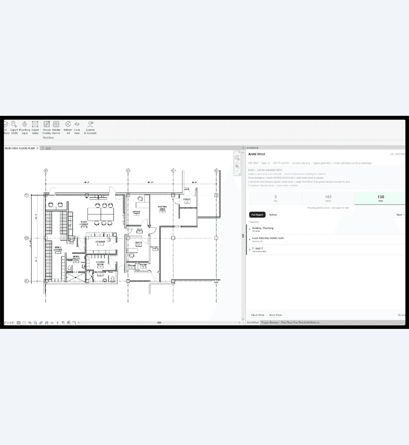 ArchiMind dashboard in Revit showing FAIL, WARN, and PASS counts with findings list beside a floor plan