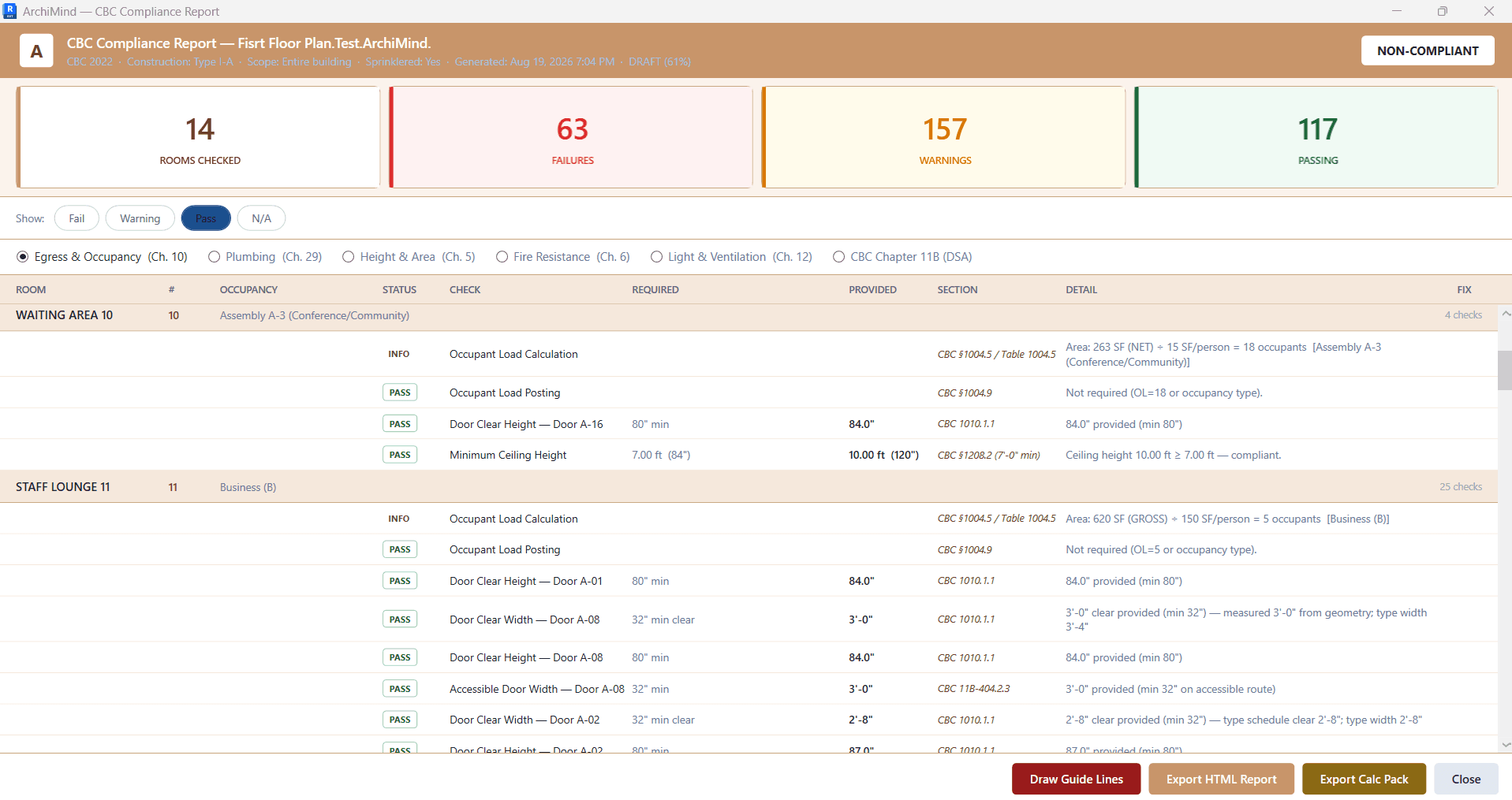 Illustrative ARCHIMIND CBC compliance report with structured failures, warnings, passing checks, and cited CBC sections